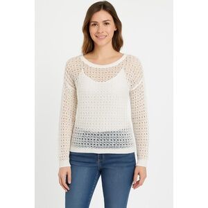 Maurices Womens White Open Knit Sheer Crochet L/S Pullover Tunic Top‎ Small